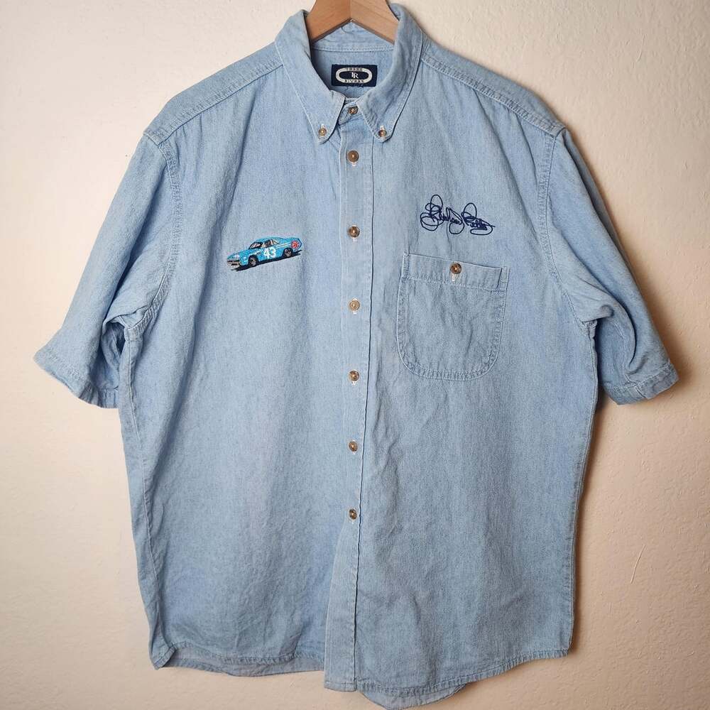 Vintage Three Rivers Shirt Mens Large Blue Denim Button Short Sleeve NASCAR 43